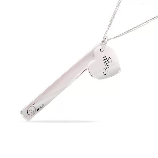 Personalised Silver Vertical Bar Pendant Necklace With Heart Pendant